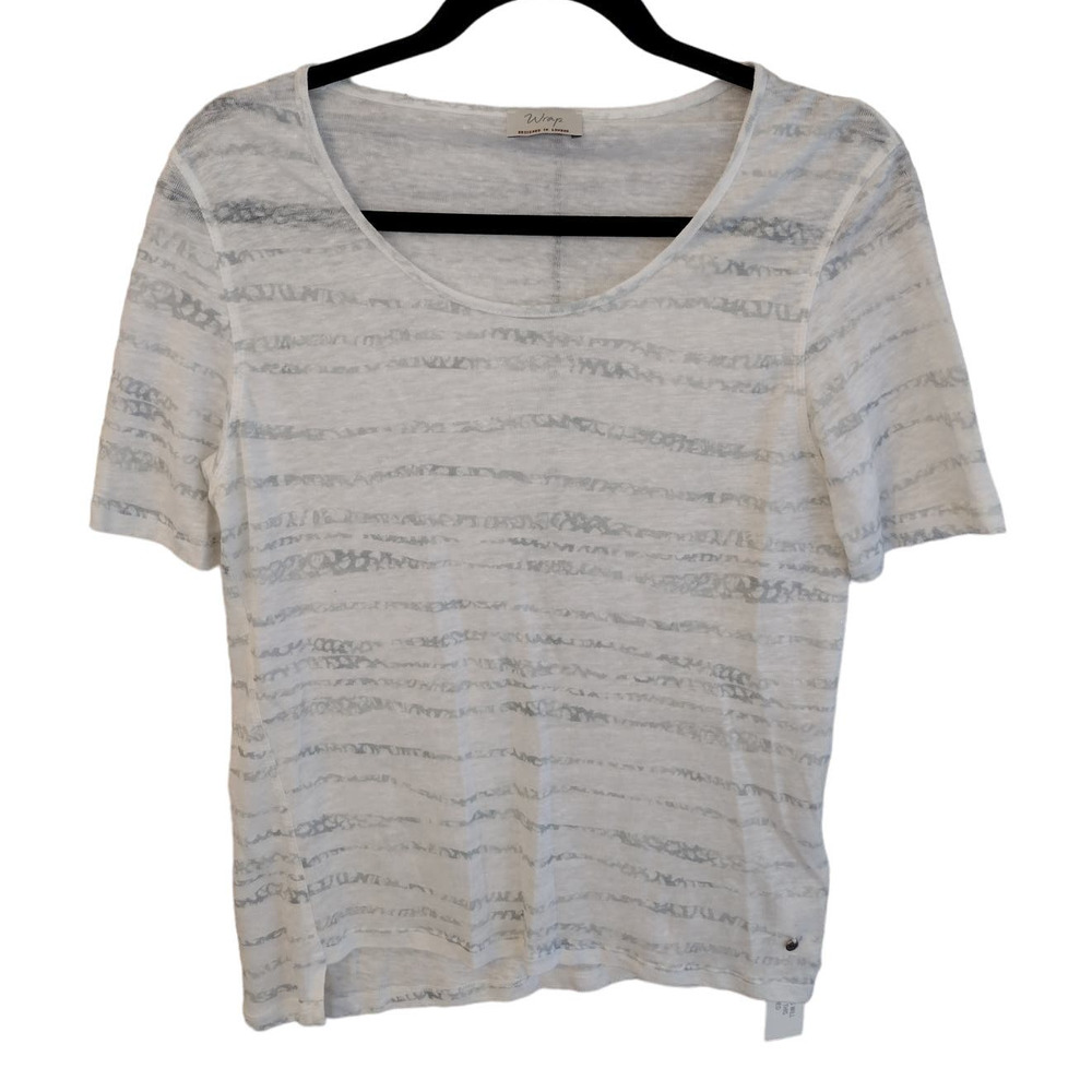 Wrap London | 100% Linen Striped Asymmetric Hem Scoop-Neck T-Shirt Tee